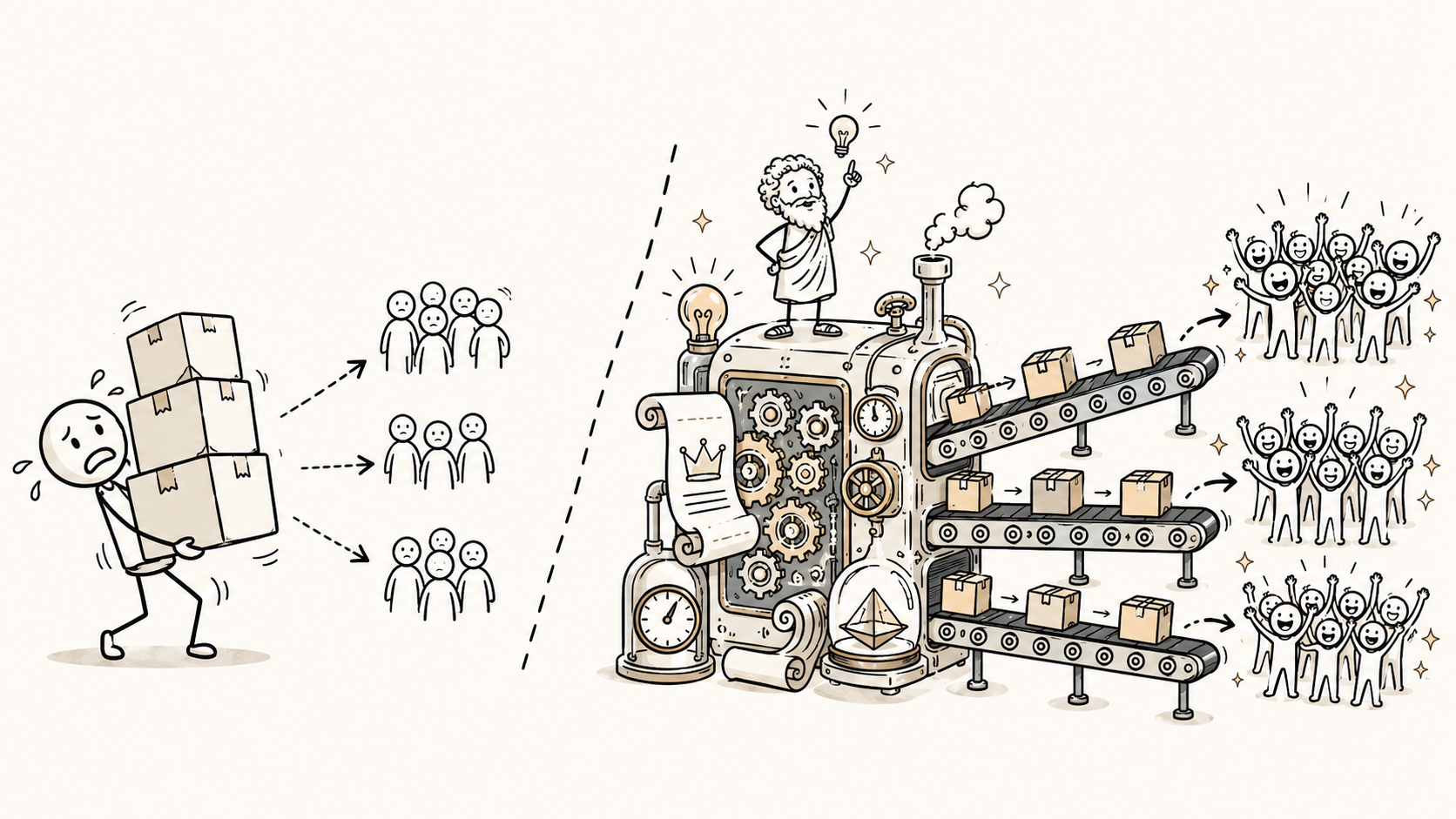 A diagram. On the left, a small person buckles under a stack of boxes while three groups of unimpressed customers wait. On the right, a small inventor stands atop a steam-powered machine that puts boxes on conveyor belts and ships them to three crowds of cheering customers.